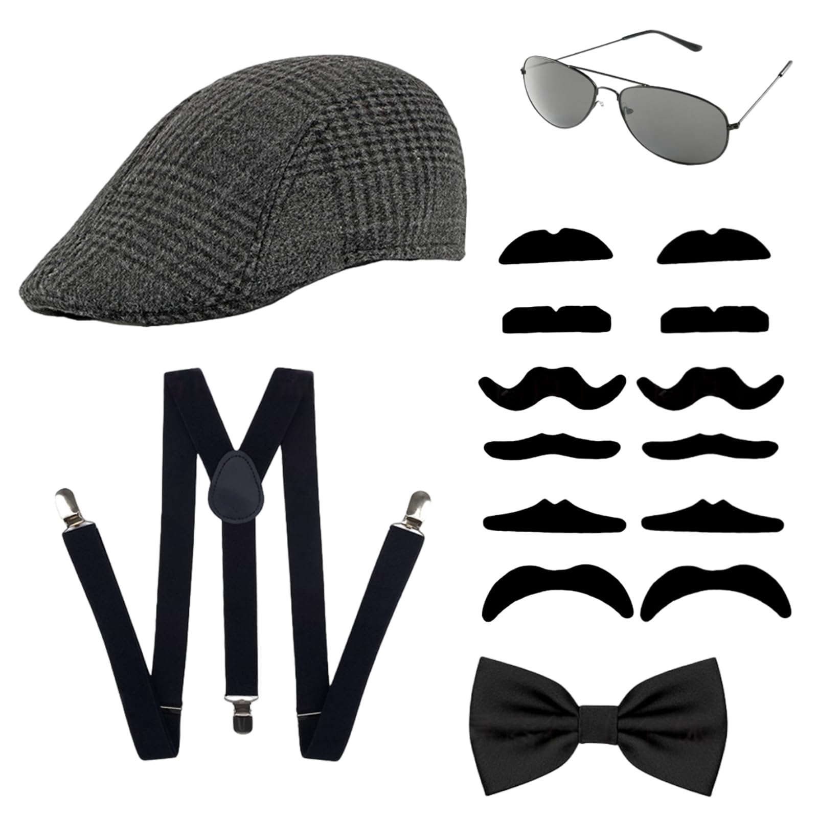 AWAVM 5PCS 1920s Mens Costume Accessories Set,Gatsby Fancy Dress Bow Tie,Pocket Watch Glasses,Mafia Mobster Hat,Vintage Gangster Vest Outfit Set