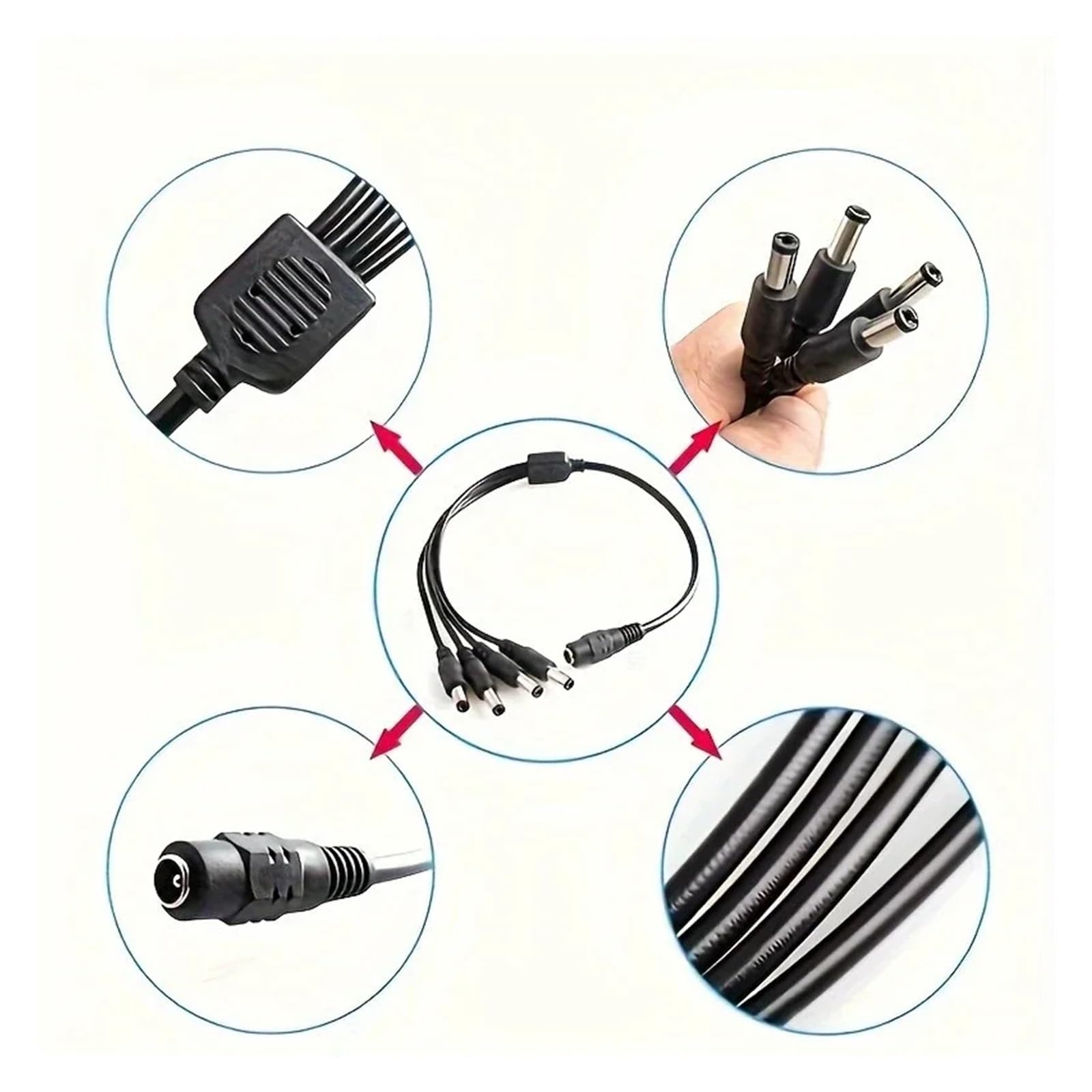 Kabel rozdzielacza zasilania prądem stałym 1 żeński na 2/4/8 męski adapter w kształcie litery Y z wyjściem 12 V złącze 5,5 mm x 2,1 mm do kamer(5 Pieces,1 Female to 8 Male)