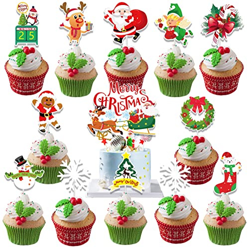 Howaf 37 Pcs Christmas Cupcake Toppers Picks, Including 13 Kinds Of Patterns.santa, Snowflake, Candy Cane, Gingerbread Man Etc. Cake Topper For Christmas Cake Decoration Party Food Picks #TOP4