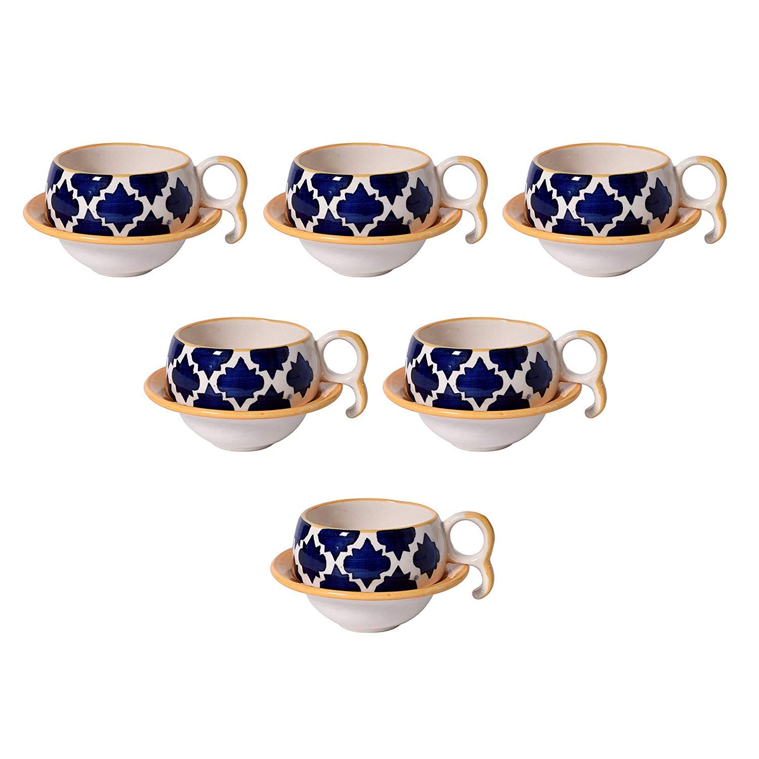 FLIPBOAT® Ceramic Beautiful Cup & Saucer Set with Umrao Pattern, Handpainted in India/Limited Edition (Blue & Yellow, Set of 12, 80 ml)