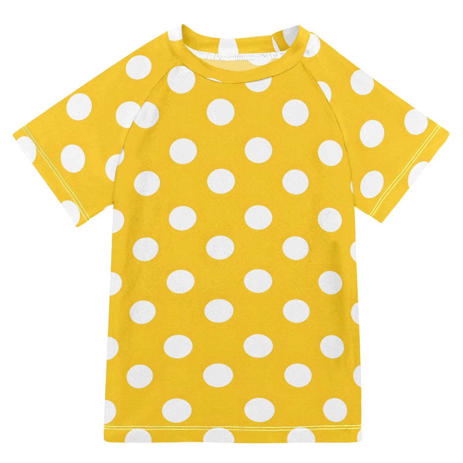 ALAZA Kids Rash Guard Toddler Swim Shirt Boy Girls Yellow Polka Dots UPF 50+ Short Sleeve 4T