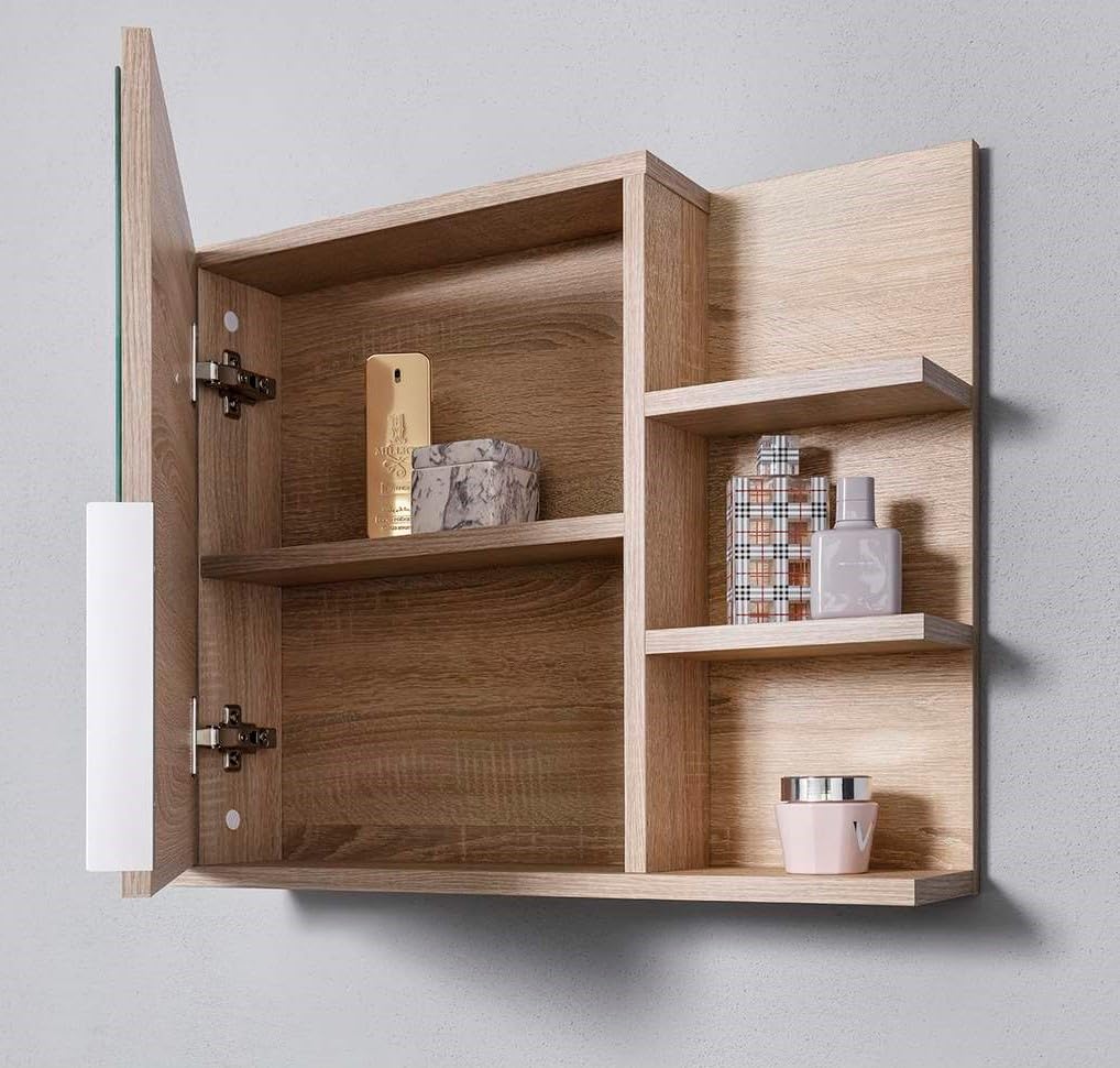 Spiegelschrank 60x50 Sonoma Eiche, Badezimmerschrank mit Ablagen, Badezimmerspiegel, Hängeschrank LED Lampe - Recht