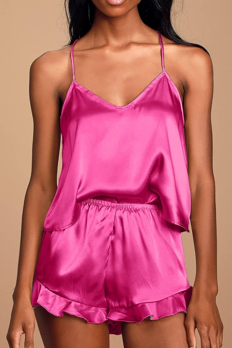 CHYRII Women's Sexy Silk Satin Ruffled Pajamas Sets Cami Shorts Sets Sleepwear - Image 6