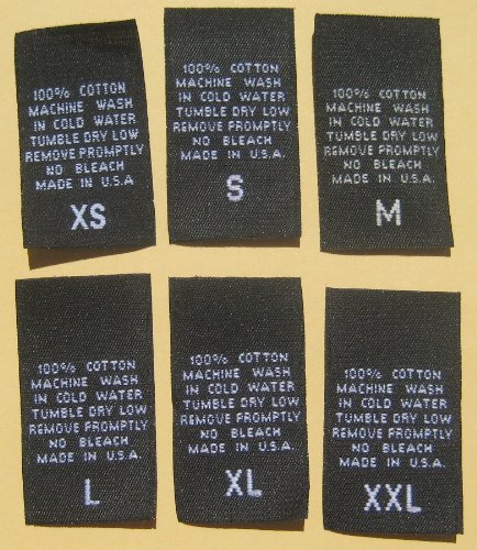 250 PCS Black Woven Clothing Sewing Garment Care Label Tags - 100% Cotton - XS, S, M, L, XL, XXL (41 pcs Each Size)