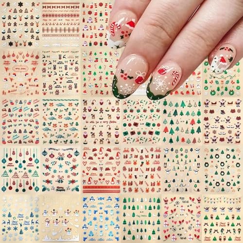 1200pcs Christmas Nail Art Stickers 30Sheets Xmas Nail Stickers Snowflake Snowman Santa Claus Christmas Tree Elk Gifts Nail Decals for Women Girls Winter Holiday Manicure DIY New Year Nail Supplies