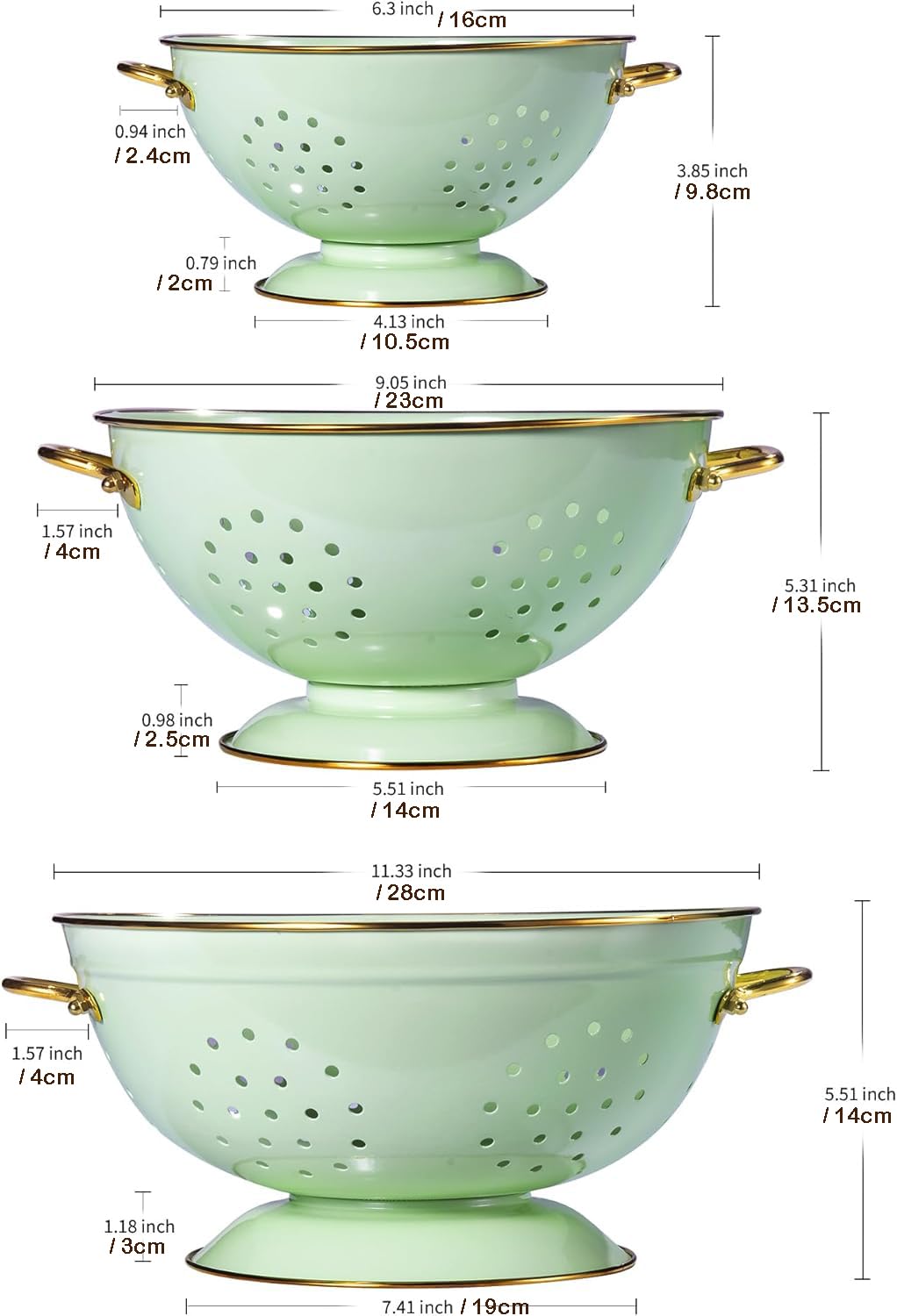 Sieb 3er-Set, Metall Nudelsieb Küchensieb mit Griff und Boden – 16cm & 23cm & 28cm, Abtropfsieb Seiher für Nudeln Obst Gemüse, Spülmaschinenfest (Grün)
