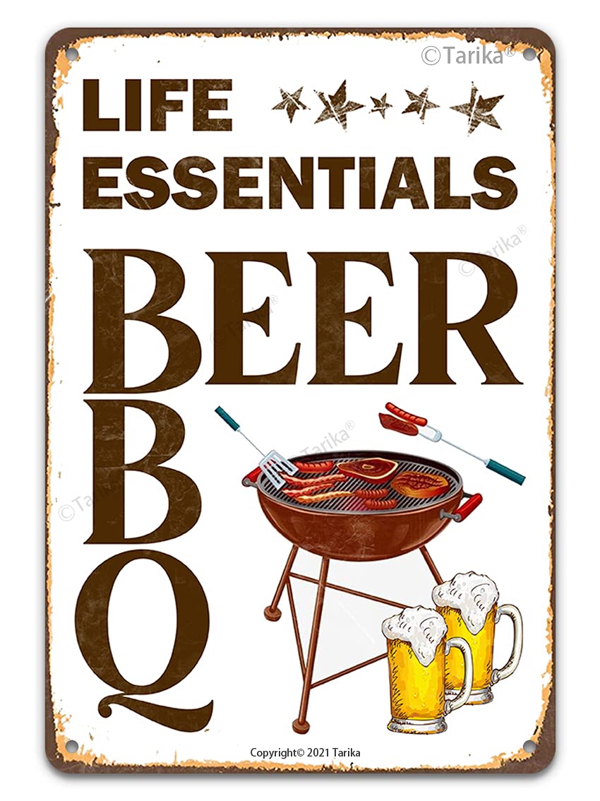 Life Essentials Beer And Bbq Vintage Tin Sign, Retro Art Metal Wall Decor Metal Sign Plaque Poster 8X12 Inches