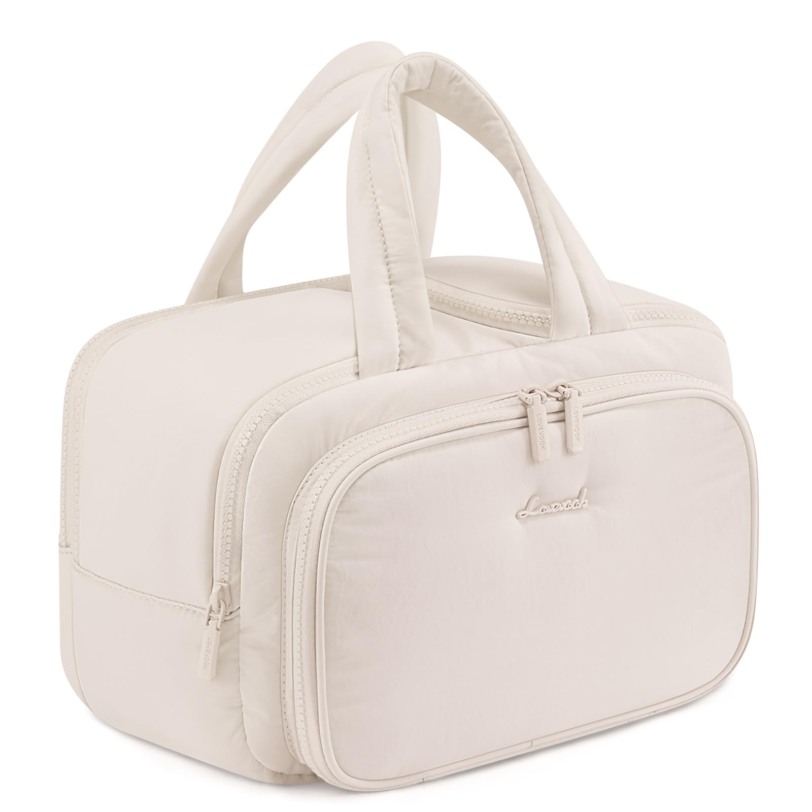 LOVEVOOK Kulturtasche Damen Gross, Leichte Reise Kosmetiktasche Weit Offene Kulturbeutel mit Nassfach, wasserdichte Waschtasche Make up Taschen Organizer mit Griff für Reisen Urlaub, Beige