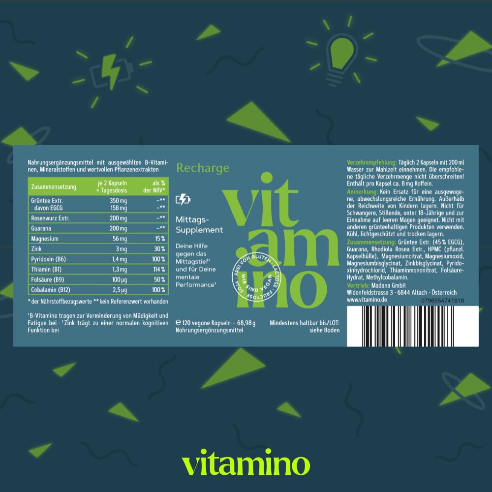 Vitamino Recharge - Koffeinhaltige Kapseln mit Guarana, Grüntee, B-Vitaminen uvm., für Deine mentale Performance - Vegan, Glutenfrei, Lactosefrei
