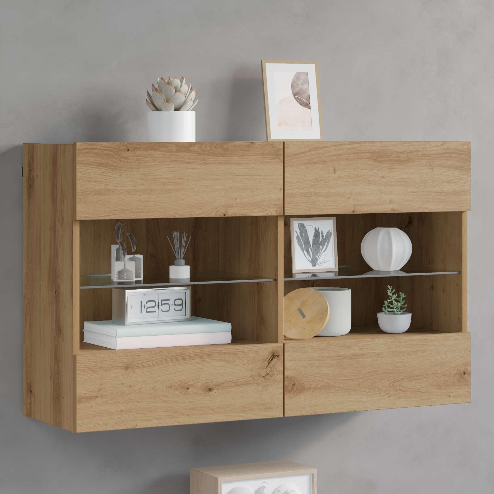 Meuble TV mural en bois d'ingénierie chêne avec éclairage LED et rangement séjour