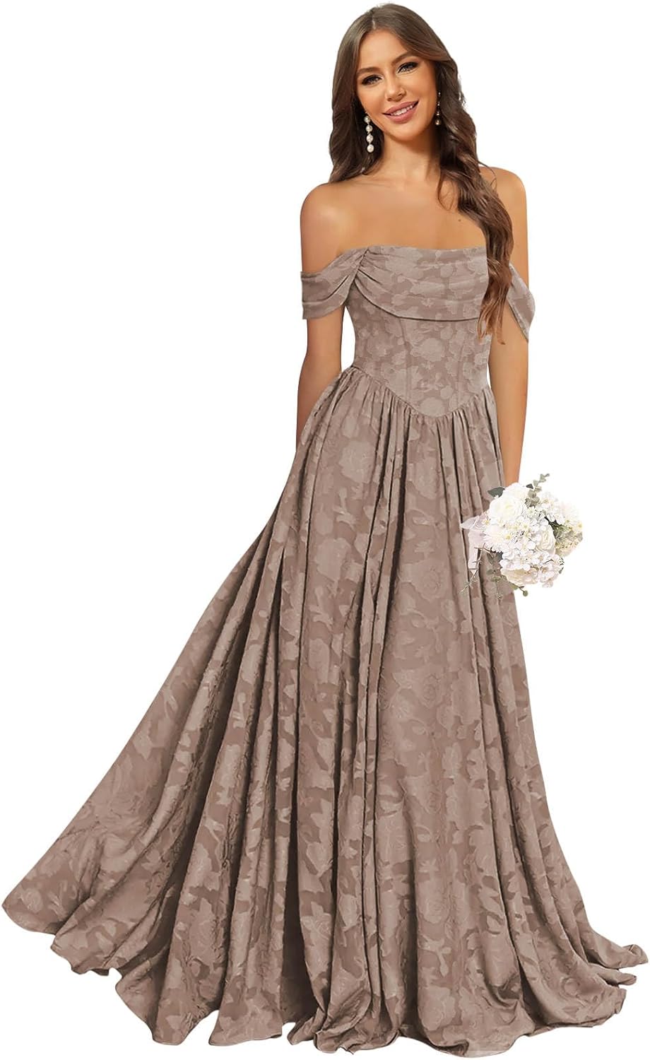 BOLENSYE Floral Bridesmaid Dresses Long Formal Dress Off the Shoulder A Line Ruffles Evening Party Gown for Women