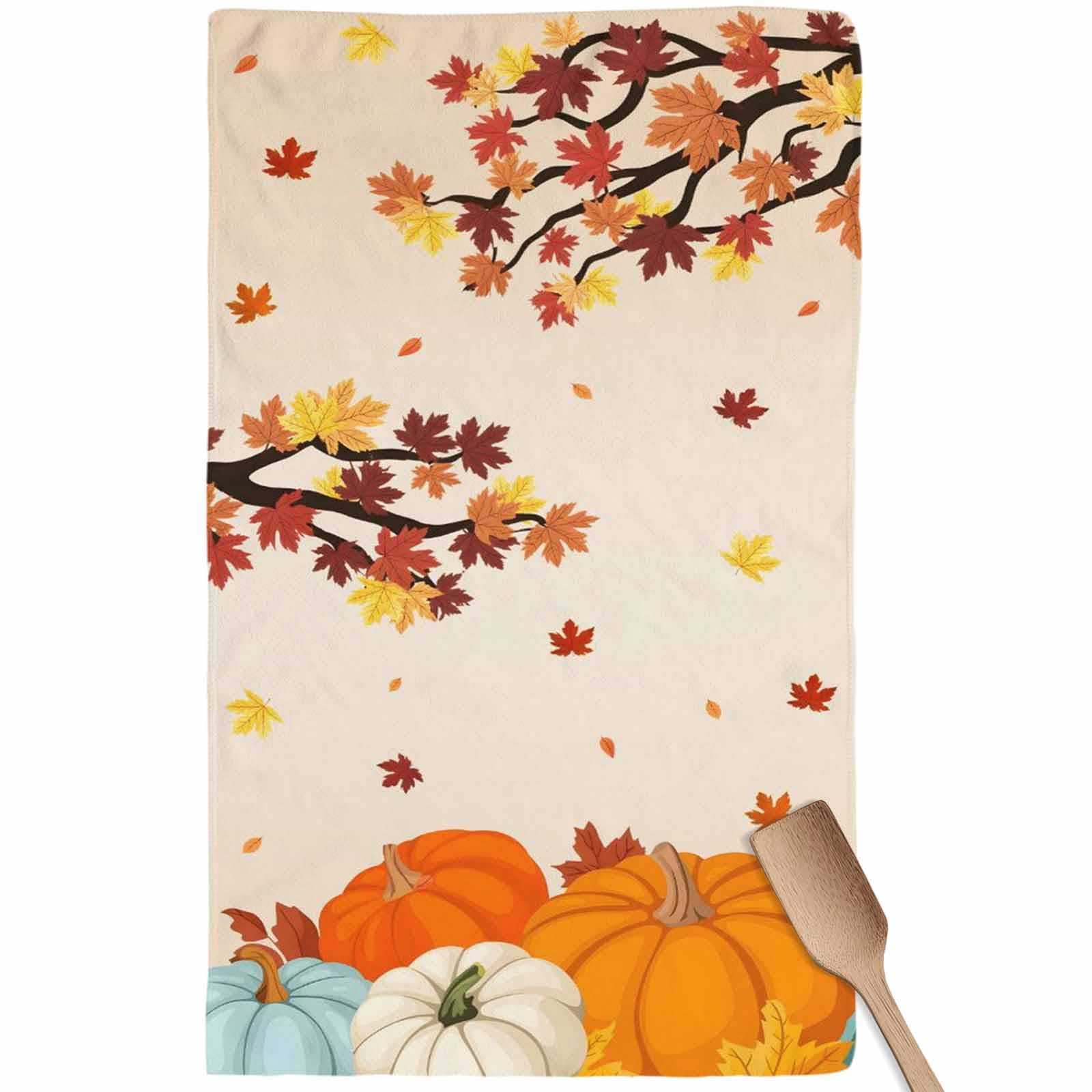 Fall Kitchen Towels Orange Pumpkin Thanksgiving Hand Towels Maple Leaf Tree Dish Towel Cleaning Cloth Soft Absorbent Quick Drying Dish Cloths for Kitchen, Bathroom Autumn Decoration