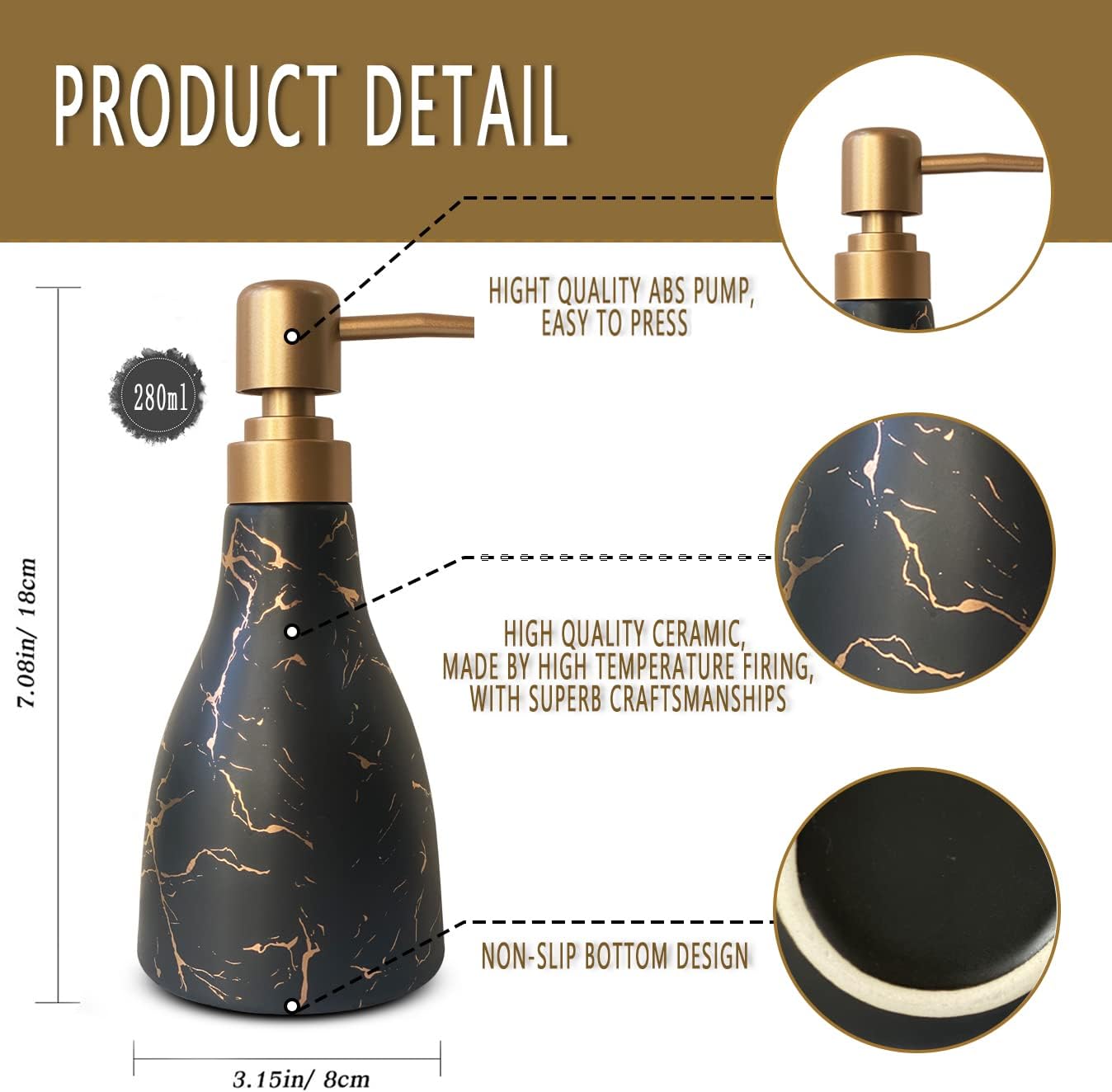 Cylindrical Black Marble Soap Dispenser+Cone Marble Black Soap Dispenser
