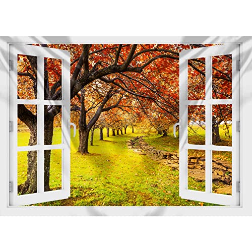 Tucocoo Autumn Landscape Tapestry Aesthetic Natural Scenery Window View Wall Tapestries for Bedroom Living Room Decor Trees Forest Leaves Picture Beautiful Nature Tapestry Wall Hangings (60x80 inch)