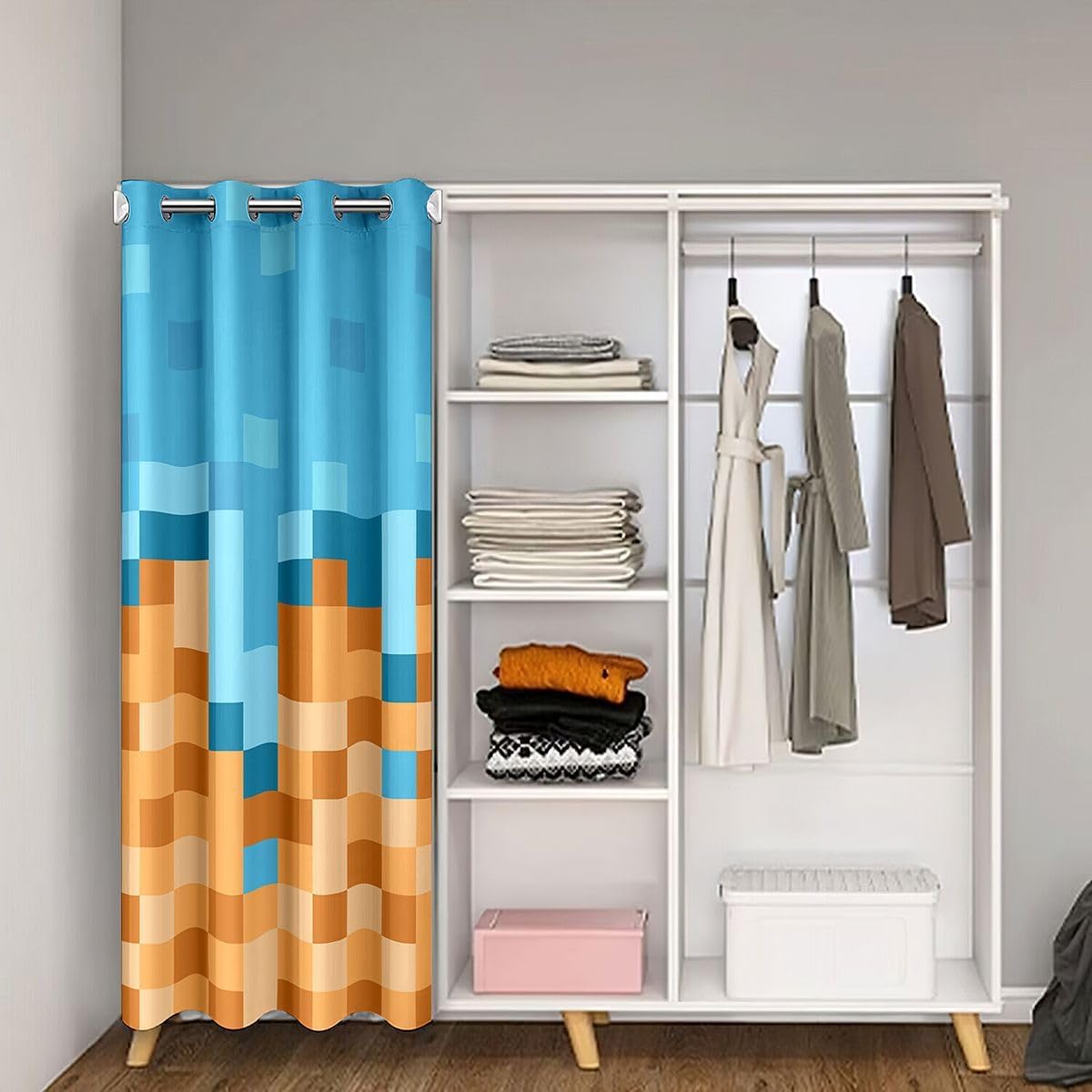 Castle Fairy Pixel Art Doorway Curtain，Gaming Blackout Curtain,Cartoon Gamepad Bedroom Entryway Living Room Decor,Blue Khaki Room Divider Door Drape 1 Panel,42" W x 80" L image 2