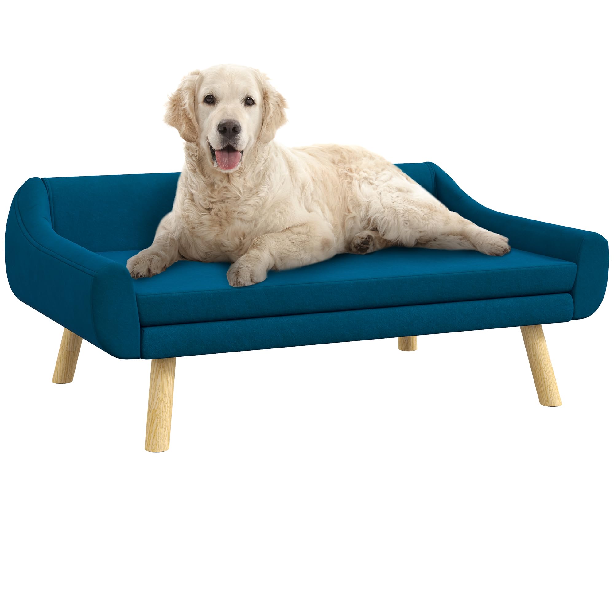 PawHut - Sillon Cama para Perro, Gato, Diseño Escandinavo, Cojín Mullido, Extraíble, Tejido de Terciopelo, Patas de Madera Maciza, 102 x 58,5 x 42,5 cm, Color Azul