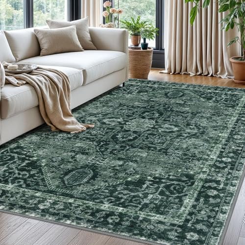 KOZYFLY Boho Area Rug 5x7 Ft Thin Washable Rugs for Living Room Faux Wool Throw Carpet Printed Non Slip Rug for Entryway Bedroom Dining Room Living Space, Dark Green