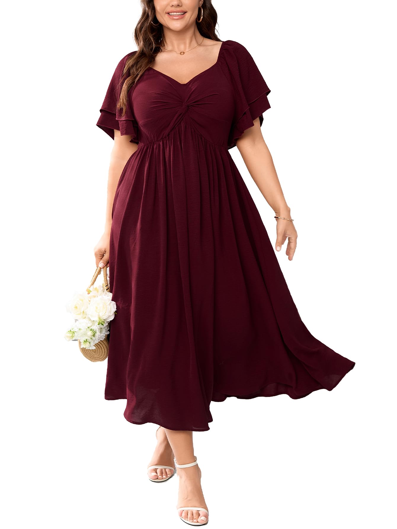 SCOMCHIC Womens Plus Size Wedding Guest Cocktail Dresses Sweetheart Neckline Ruffle Sleeve A Line Maxi Dress