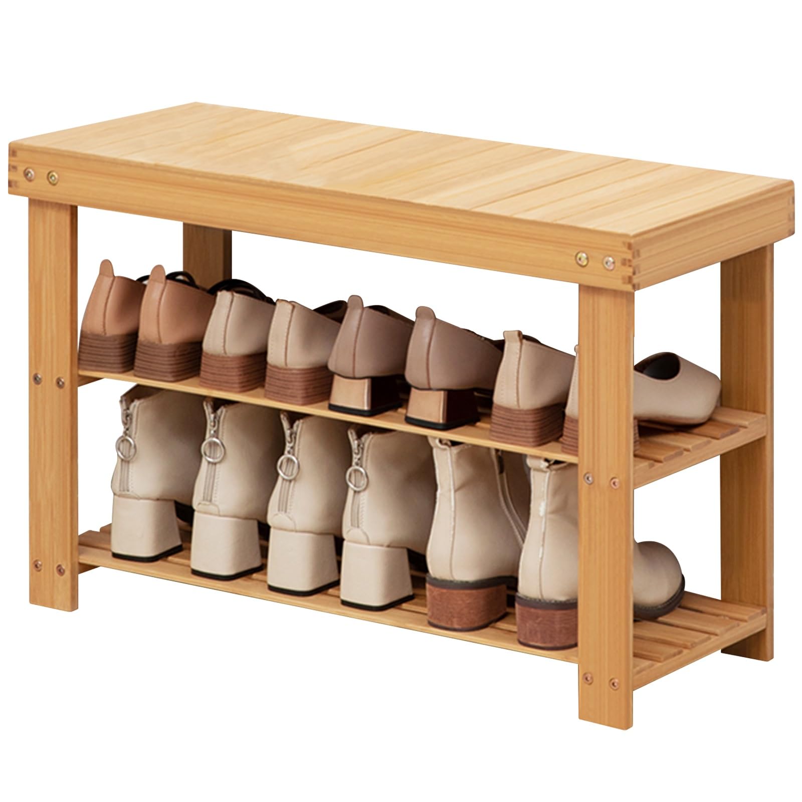 Banc à chaussures en bambou 66cm avec étagère de rangement respirante pour entrée