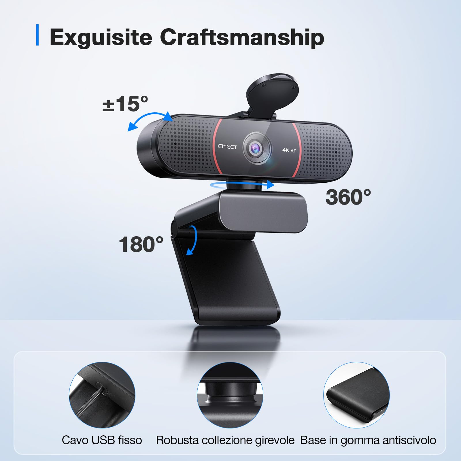 EMEET Webcam 4K per PC, Webcam C960 4K UHD con Copriobiettivo e Doppio Microfono, Videocamera per Streaming a 73° con Correzione Automatica Della luce, Plug & Play, Web cam USB ideale per Zoom