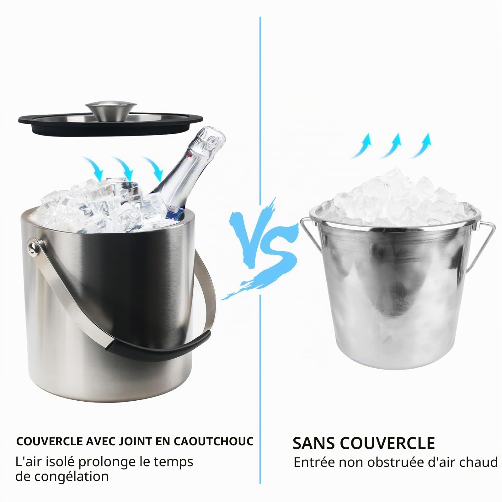 Zythrem Seau à Glace en Acier Inoxydable, 2L Seau à Glacon Isotherme, Seau à Glace Isolé à Double Paroi, avec Couvercle, Pince, Passoire et Poignée, Seau à Champagne pour Bar Fêtes Barbecues