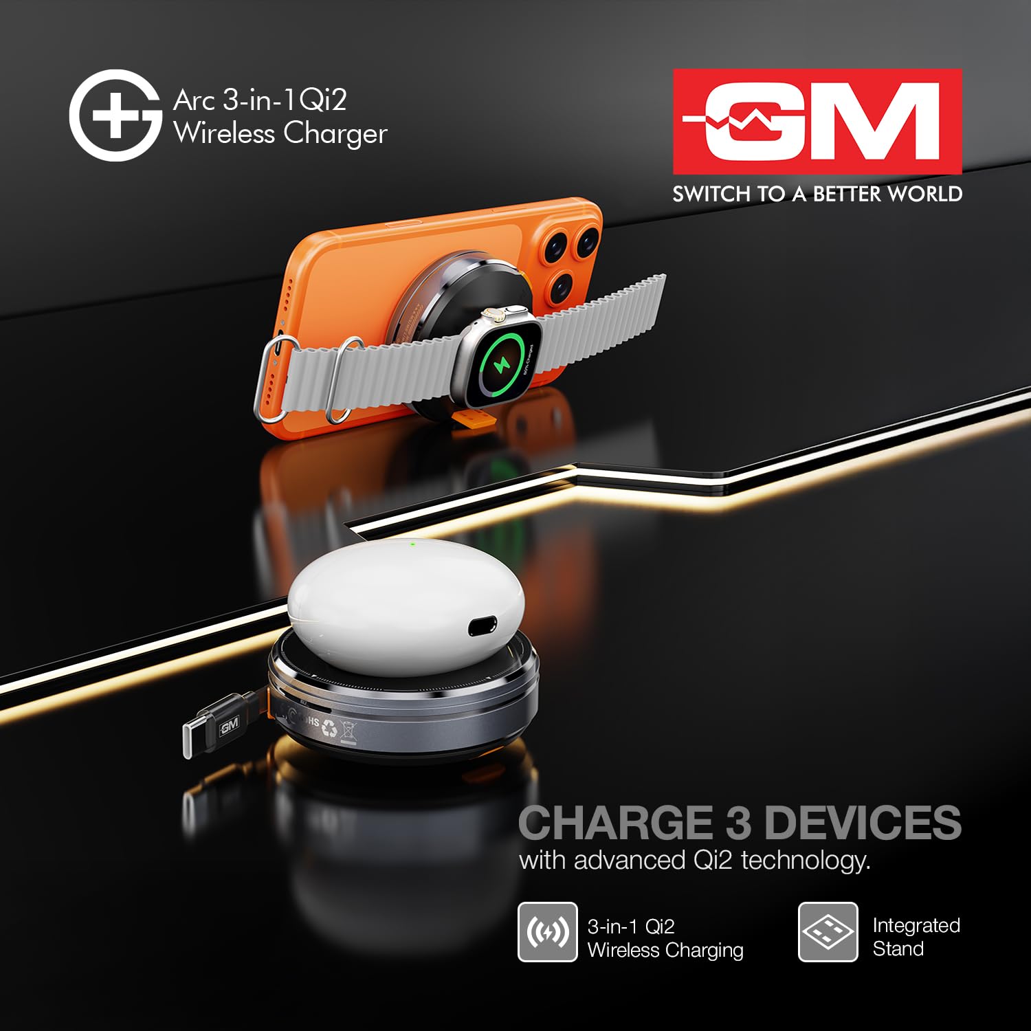 GM G+ Arc Qi2 3-in-1 Wireless Charger | 15W Fast Charge iPhone 12 and Above, All Apple Watch & AirPods Series, | 90cm Built-in Retractable Cable | Pocket-Friendly Foldable Stand (Glossy Black) — Amazon image 6