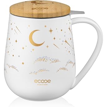 ecooe Tea Cup with Lid and Strainer 600ml Ceramic Large Tea Cups White