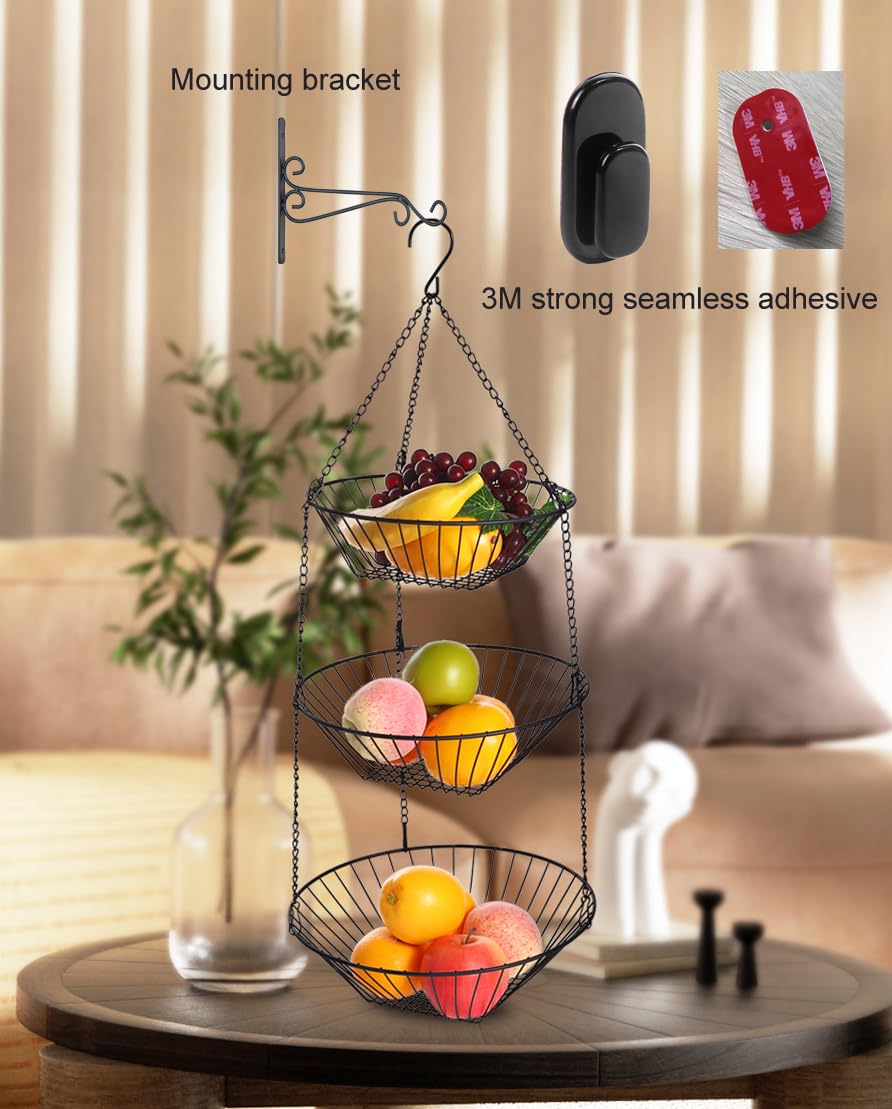 Cesta colgante de frutas de alambre de 3 niveles, cesta organizadora de almacenamiento de cocina, calcomanía sin costuras 3M y gancho de pared en S, adecuada para baño, cocina, armario 9