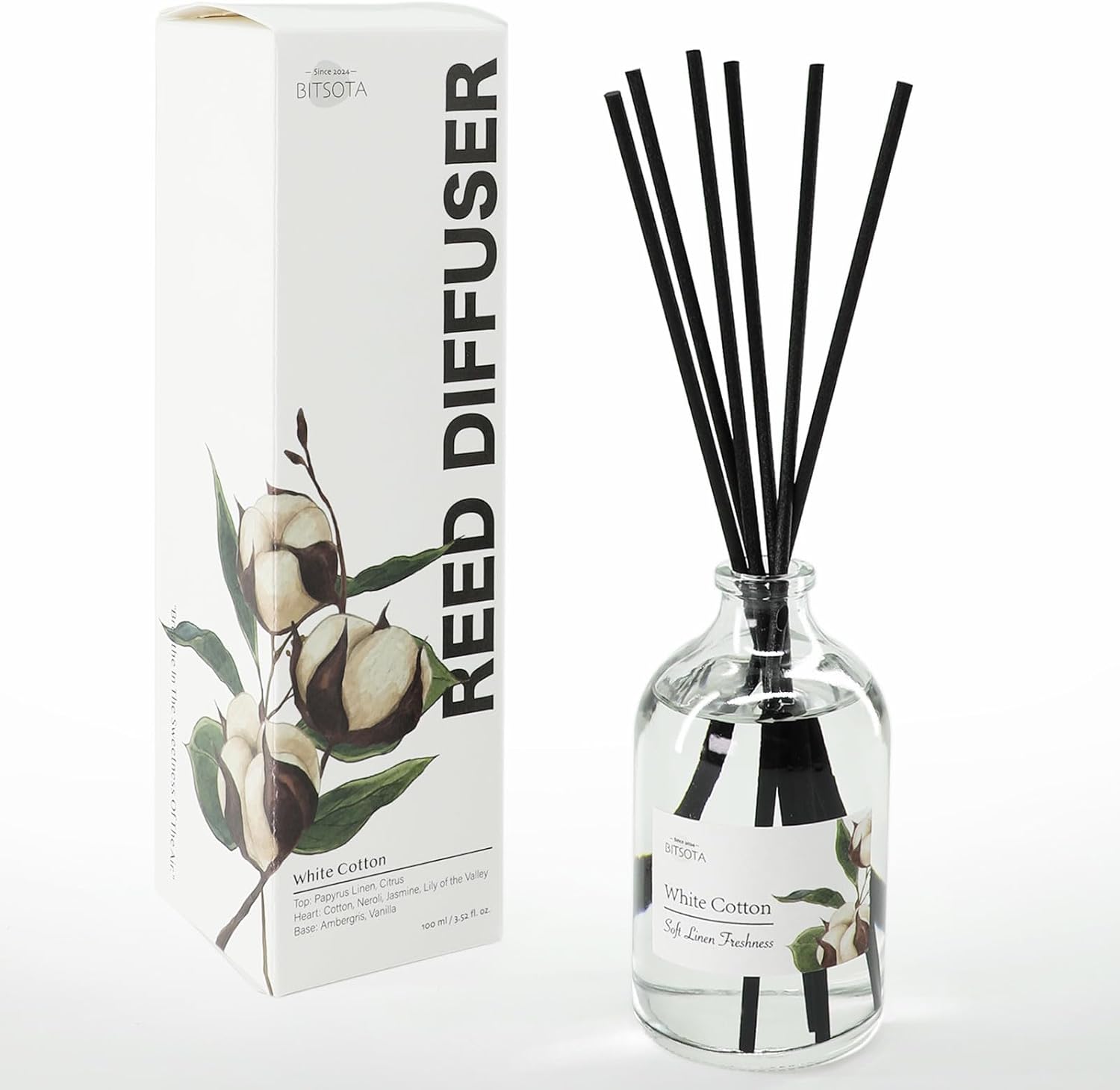 White Cotton Reed Diffuser Set for Bathroom & Home, Long Lasting Essential Oil Aroma, Glass Bottle Home Fragrance with Sticks, Ideal Gift for Woman, 3.52oz (100ml)