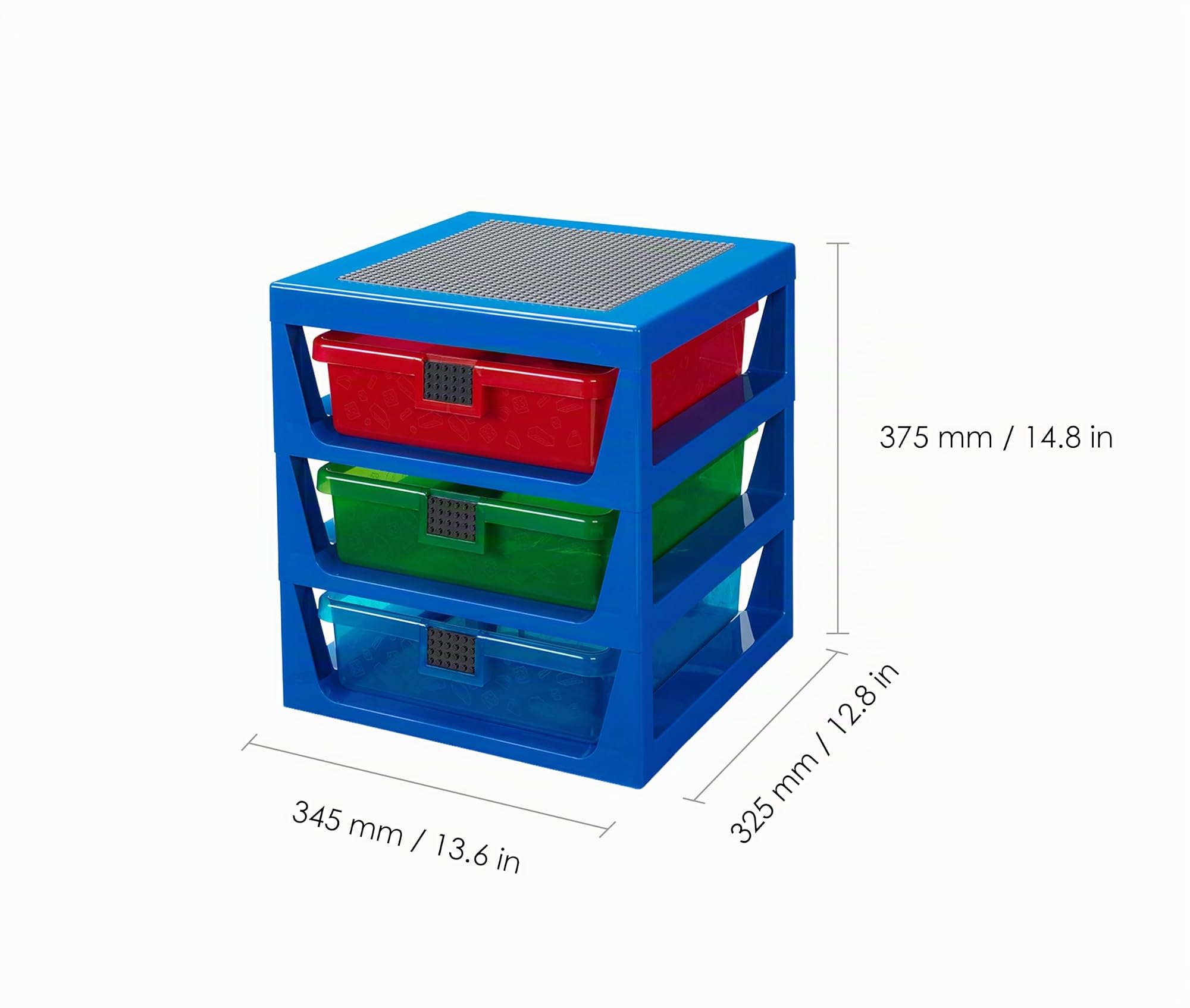 LEGO 3 - Schubladen Aufbewahrungsregal Blau - Anpassbare Aufbewahrungseinheit mit abnehmbaren Schubladen und Baufläche für Kinder - Schreibtisch oder Nachttisch