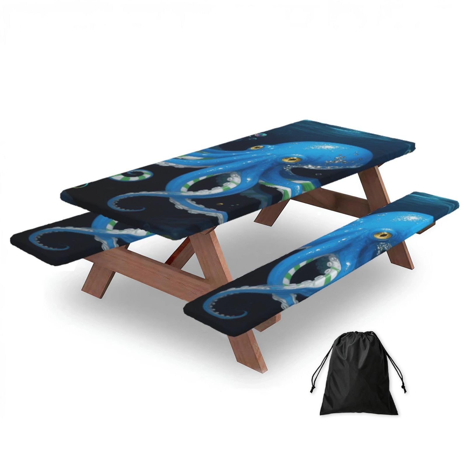 FekiLoot Blue Octopus Picnic Table Cover with Bench Covers and Bag, Windproof Waterproof Rectangle Tablecloth with Elastic Edges Fitted Camping Table Covers Portable Camping Accessories
