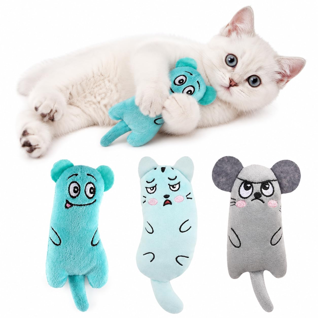 ALLGAYER 3 Pack Catnip Toys for Indoor Cats, Plush Cat Chew Toy for Teeth Cleaning Aid, Interactive Kicker Kitten Toys for Chasing and Pouncing, Dental Hygiene Grinding Pillow, Grey, Sky Blue & Green