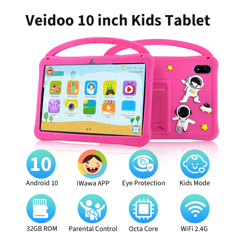 Veidoo Tablet Android da 10 pollici per bambini, 3 GB di RAM+32 GB ROM, tablet con custodia antiurto, WiFi, doppia fotocamera, schermo HD IPS, app per il controllo genitori, stilo incluso, giochi