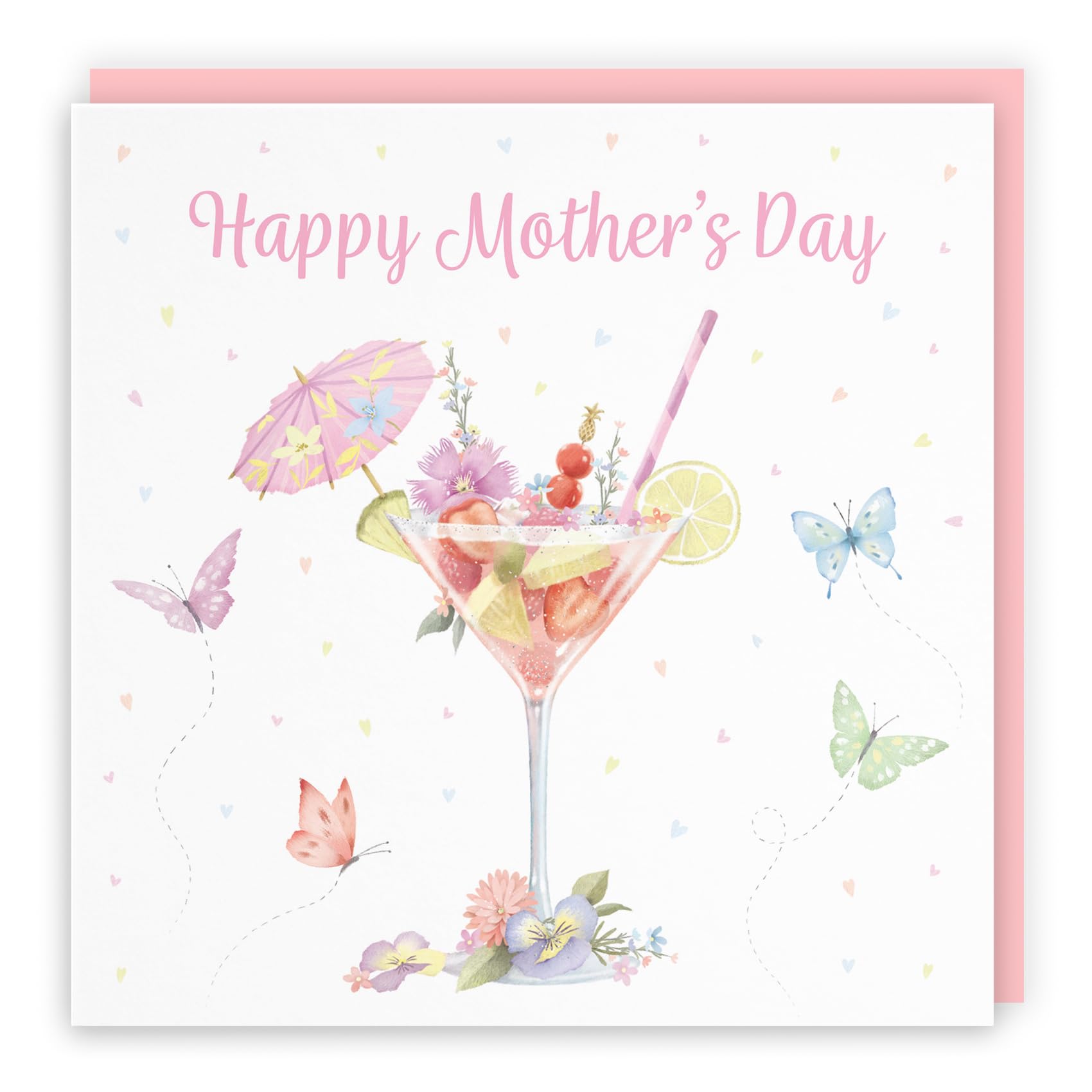 Hunts England, Pink Cocktail And Butterflies Elegant Mother's Day Card, Milo's Gallery, Drinks, Flowers