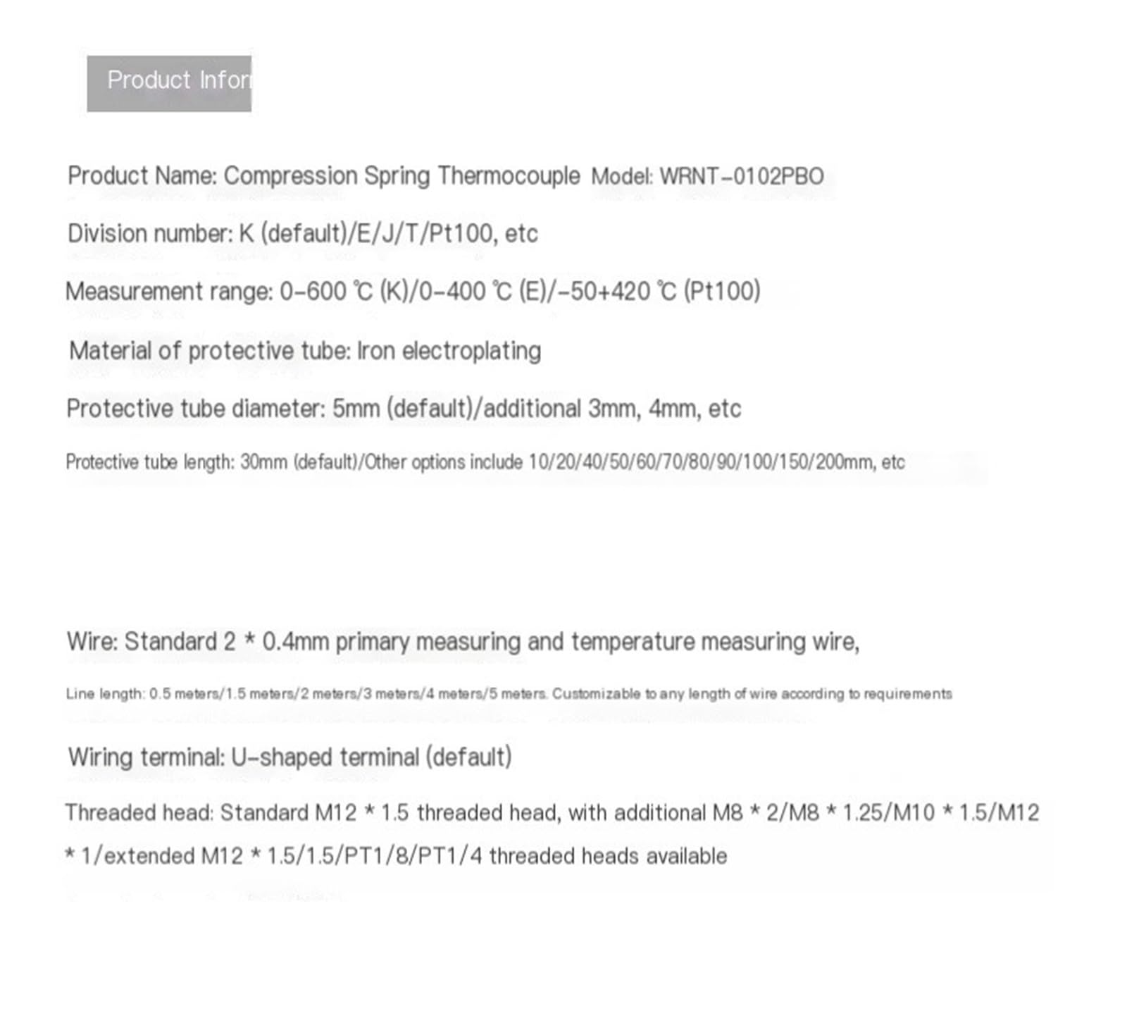 Sprężyna naciskowa termopara termopara Pt100 regulator temperatury czujnik temperatury WZPT-01 termometr (PT100 a pull-through 20 m (M12*1,5))