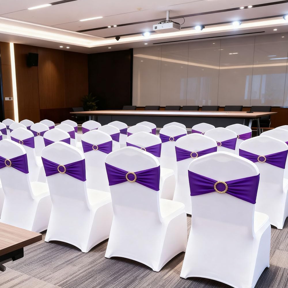 Purple Chair Sashes 50 Pack with Gold Buckle Slider, Spandex Chair Bows Bands for Folding Chairs Wedding Party Birthday Décor