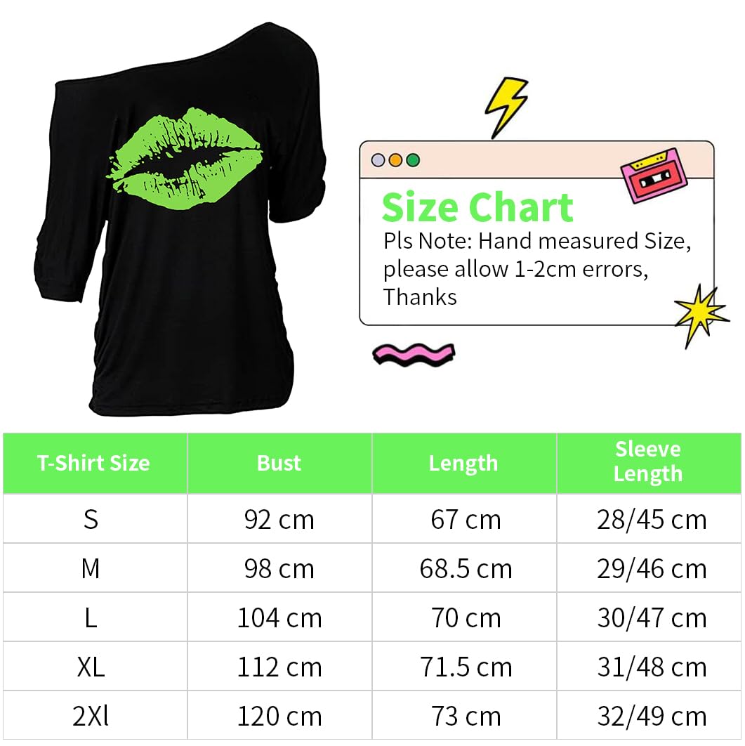 ELFIN 8 Pieces Women 80s Fancy Dress Off Shoulder Tops Lip Print 80s T-Shirt Warmers Fishnet Gloves Necklace Earring 1980s Costumes Outfit Accessories Retro Theme Party Cosplay - Image 3