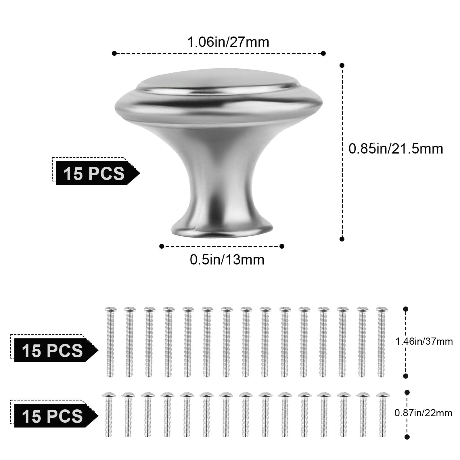 PENCHUAN 15PCS Cabinet Door Knobs, 27mm Silver Round Brushed Metal Knobs, Drawer Pull Handle with 30 Long Short Screws for Cabinets, Drawers, Wardrobes, and Kitchen Cupboards Furniture - Image 2