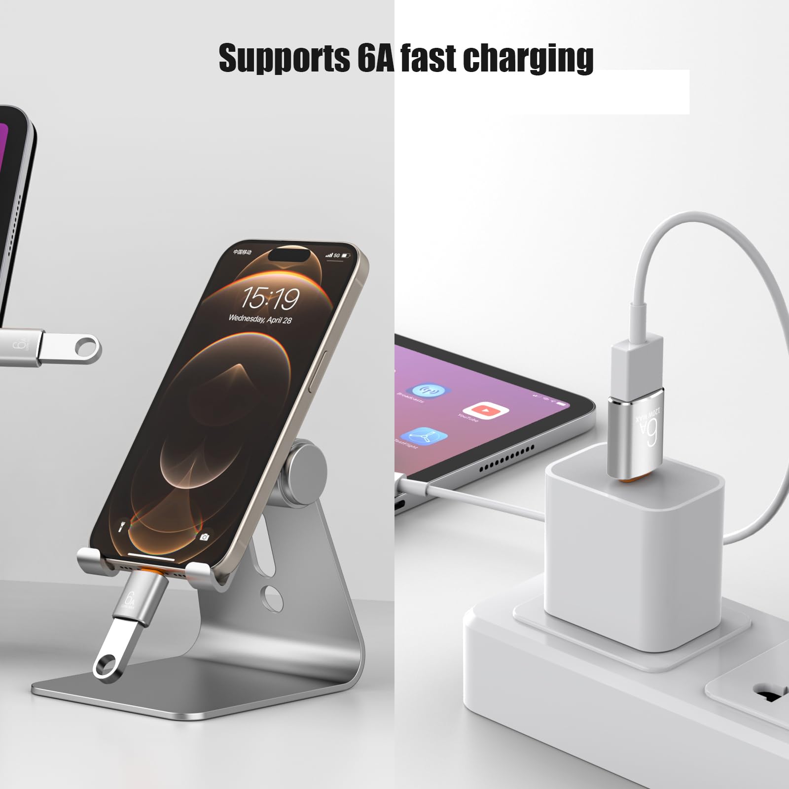 10 x 10 Gbit/s/120 W USB C auf USB Adapter & C Stecker auf 3.1 Buchse, Ladegerät, kompatibel mit MacBook Pro/Air, iPhone 17, 16, 15 Pro Max/15 Plus/14, 13, 12, Samsung Galaxy S25/S24/S23/S22 (Silber)