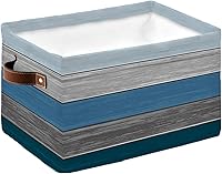 Vista 1 de Cesta de almacenamiento de madera de granero retro azul con rayas degradadas grises para estantes, cubos de almacenamiento de tela, organizadores