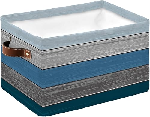 Cesta de almacenamiento de madera de granero retro azul con rayas degradadas grises para estantes, cubos de almacenamiento de tela, organizadores de