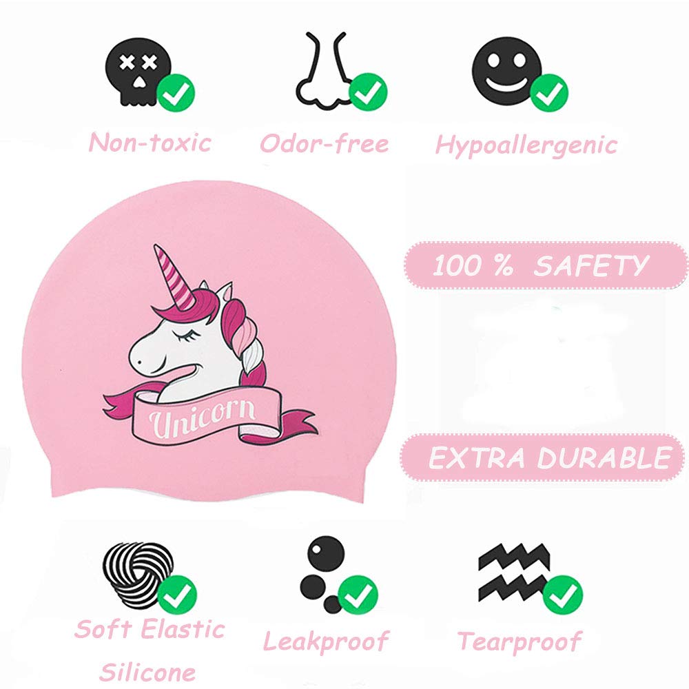 Kids Swim Cap&Goggle, Fun Swimming Cap&Goggle for Kids & Toddlers,High Elastic Silicone Waterproof Swim Cap with Anti-Fog Goggle Set for Children, Boys, Girls Age 3-12,Lovely Cute Cartoon (UNICORNP) 1