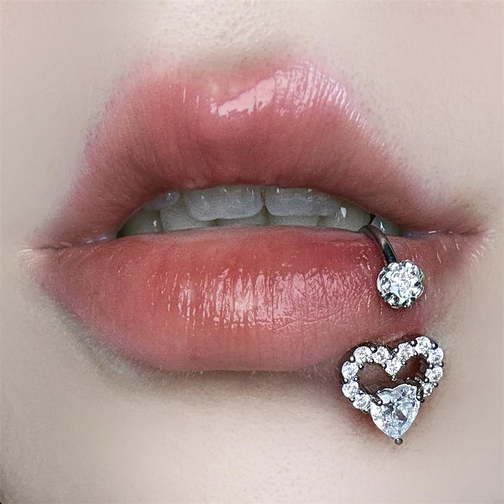 16G Crystal Heart Lip Rings for Women Stainless Steel C-Shaped Shiny Ball Barbell Snake Bite Monroe Labret Studs 8-12mm Lips Rings Hoop Body Piercings Jewelry