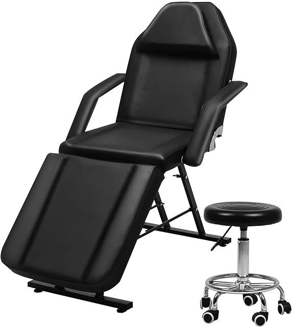 Vanimeu Beauty Bed with stool 3 Section Adjustable Tattoo Bed Salon Bed Lash Bed with Removable Armrests Headrest Massage Bed Table Set for Spa Salon (Black)