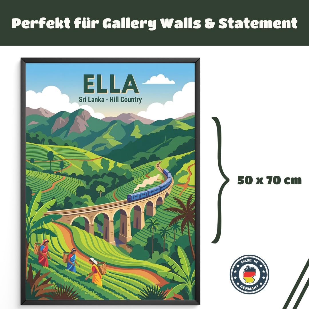 MJ-GRAPHICS® Poster Teeplantagen Kunstdruck Ella Wandbild Landschaft Deko Zug malerisch Farben Wohnzimmer Natur Wanddeko Hügel Reise Abenteuer Farbspiel 50x70 mit schwarzem Rahmen
