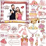 60th Brithday Decoration, 30PCS 60th Birthday Photo Booth Props, LMSHOWOWO Inflatable Photo Booth Frame, Rose Gold Inflatable Selfie Frame, Glitter Birthday Party Photo Props, for Women Birthday Gifts