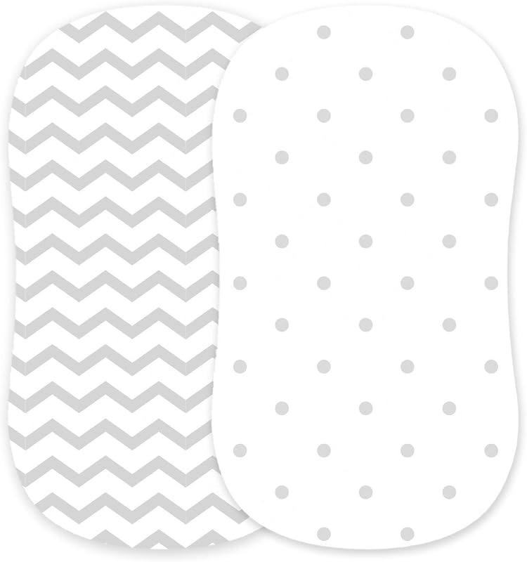 Bassinet Fitted Sheets Compatible with Halo, Fisher Price, Delta, Graco – Fits Perfectly on 15 x 33 Inch Oval, Rectangular Mattress Pad – Snuggly Soft Jersey Cotton – Grey Dots, Chevron – 2 Pack