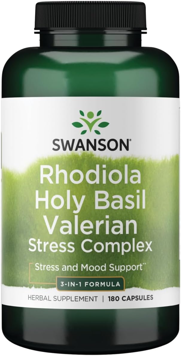 Swanson Rhodiola Holy Basil Valerian Stress Complex 225/225/225 Stress Wellbeing Relaxation Support Milligrams 180 Capsules