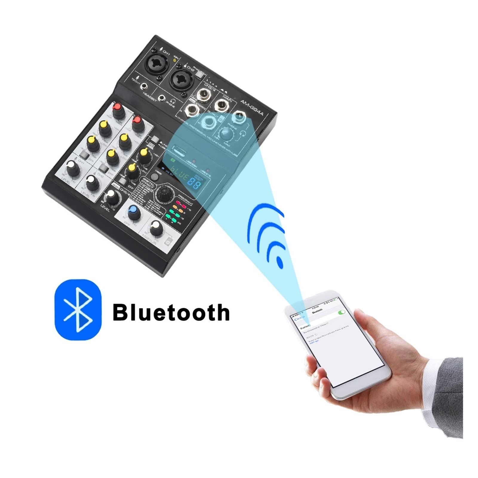 Kontroler miksera DJ Sound Audio Mixer 4 Channels 88 DSP Effects Mixing Console Smartphone Computer Bluetooth USB Record Play DJ AM-G04A do streamingu/podcastów/gier, telefonu, komputera(Wit)