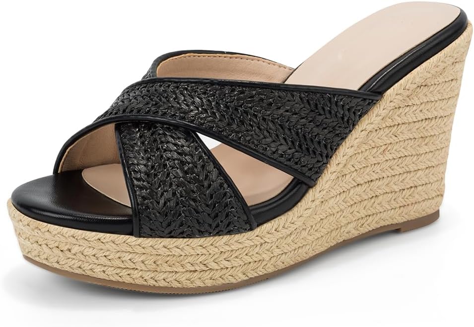 Women's Wedge Slides -Sandals - espadrilles raffia sandals -summer Open Toe platform Slip On high heel casual sandals beach comfortable slippers